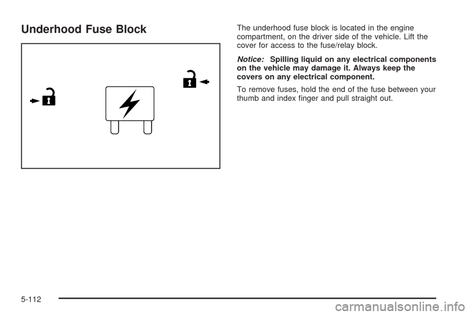 CHEVROLET AVALANCHE 2009 2.G Owners Manual Underhood Fuse BlockThe underhood fuse block is located in the engine
compartment, on the driver side of the vehicle. Lift the
cover for access to the fuse/relay block.
Notice:Spilling liquid on any e