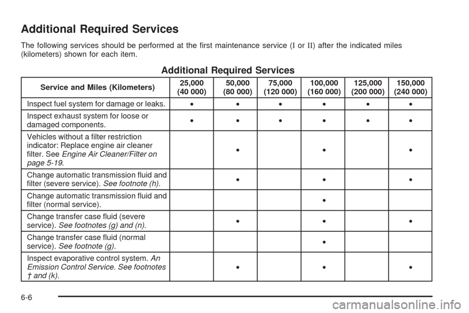 CHEVROLET AVALANCHE 2009 2.G Owners Manual Additional Required Services
The following services should be performed at the �rst maintenance service (IorII) after the indicated miles
(kilometers) shown for each item.
Additional Required Services