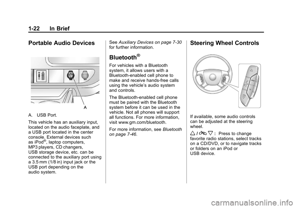 CHEVROLET AVALANCHE 2011 2.G Owners Manual Black plate (22,1)Chevrolet Avalanche Owner Manual - 2011
1-22 In Brief
Portable Audio Devices
A. USB Port.
This vehicle has an auxiliary input,
located on the audio faceplate, and
a USB port located 