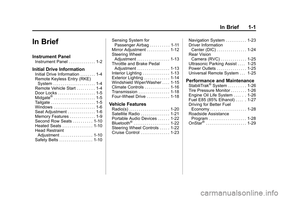 CHEVROLET AVALANCHE 2011 2.G Owners Manual Black plate (1,1)Chevrolet Avalanche Owner Manual - 2011
In Brief 1-1
In Brief
Instrument Panel
Instrument Panel . . . . . . . . . . . . . . 1-2
Initial Drive Information
Initial Drive Information . .