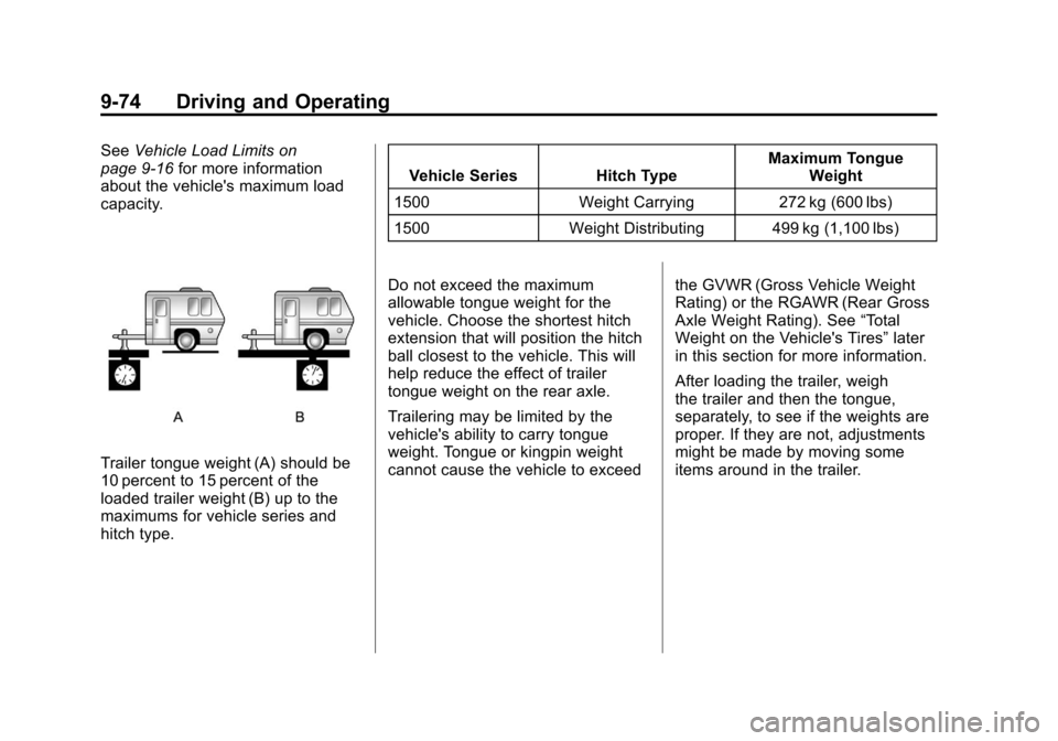 CHEVROLET AVALANCHE 2012 2.G Owners Manual Black plate (74,1)Chevrolet Avalanche Owner Manual - 2012
9-74 Driving and Operating
SeeVehicle Load Limits on
page 9‑16 for more information
about the vehicles maximum load
capacity.
Trailer tongu