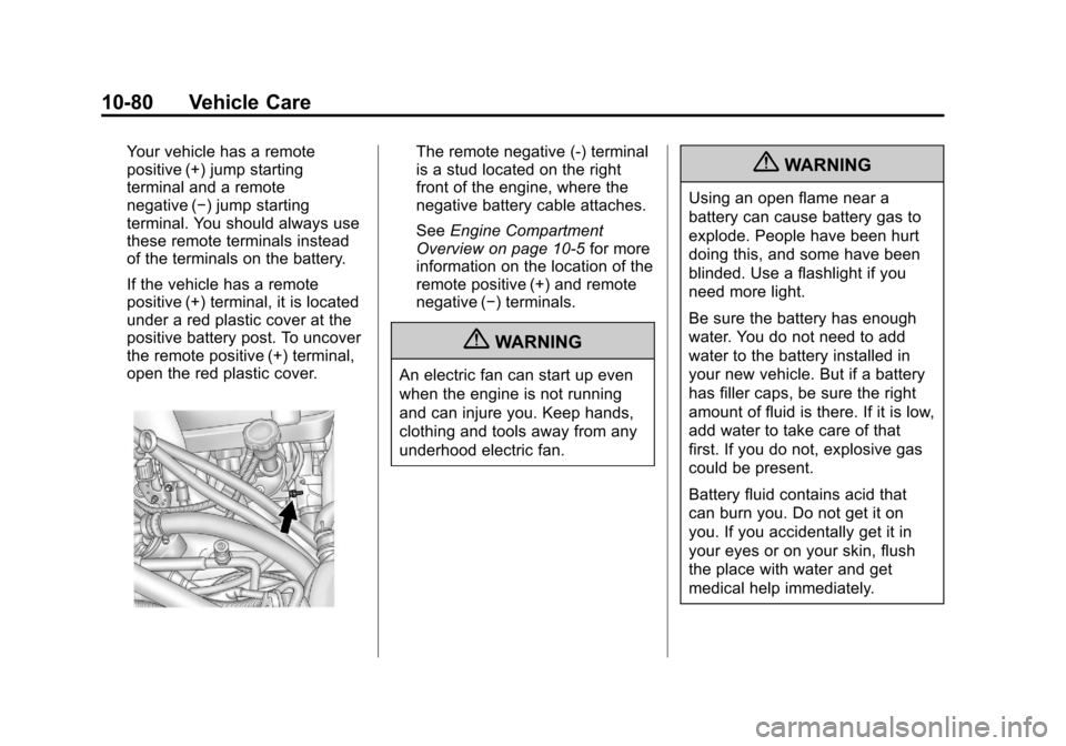 CHEVROLET AVALANCHE 2013 2.G Owners Manual Black plate (80,1)Chevrolet Avalanche Owner Manual - 2013 - CRC - 8/27/12
10-80 Vehicle Care
Your vehicle has a remote
positive (+) jump starting
terminal and a remote
negative (−) jump starting
ter