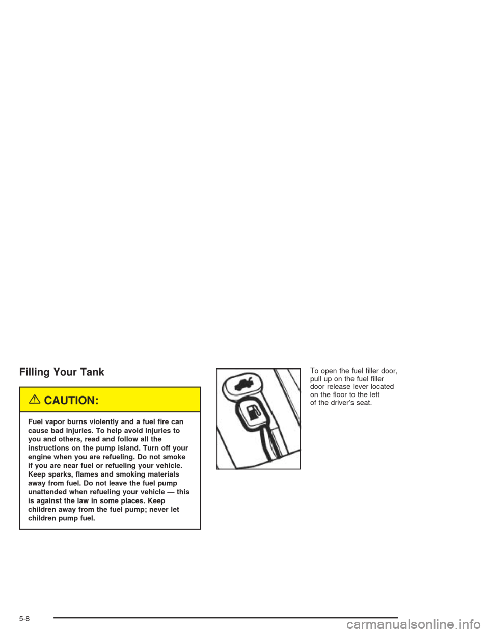 CHEVROLET AVEO 2004 1.G Owners Manual Filling Your Tank
{CAUTION:
Fuel vapor burns violently and a fuel �re can
cause bad injuries. To help avoid injuries to
you and others, read and follow all the
instructions on the pump island. Turn of