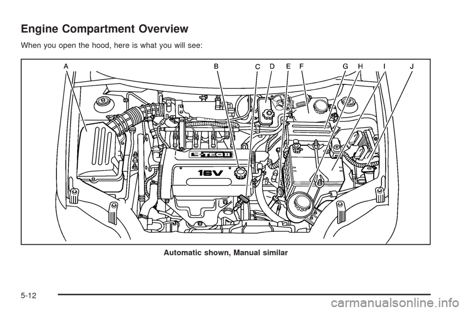 CHEVROLET AVEO 2005 1.G Service Manual Engine Compartment Overview
When you open the hood, here is what you will see:
Automatic shown, Manual similar
5-12 