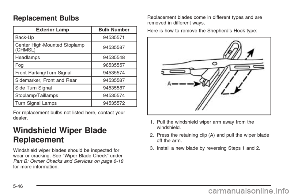 CHEVROLET AVEO 2005 1.G Owners Manual Replacement Bulbs
Exterior Lamp Bulb Number
Back-Up 94535571
Center High-Mounted Stoplamp
(CHMSL)94535587
Headlamps 94535548
Fog 96535557
Front Parking/Turn Signal 94535574
Sidemarker, Front and Rear 