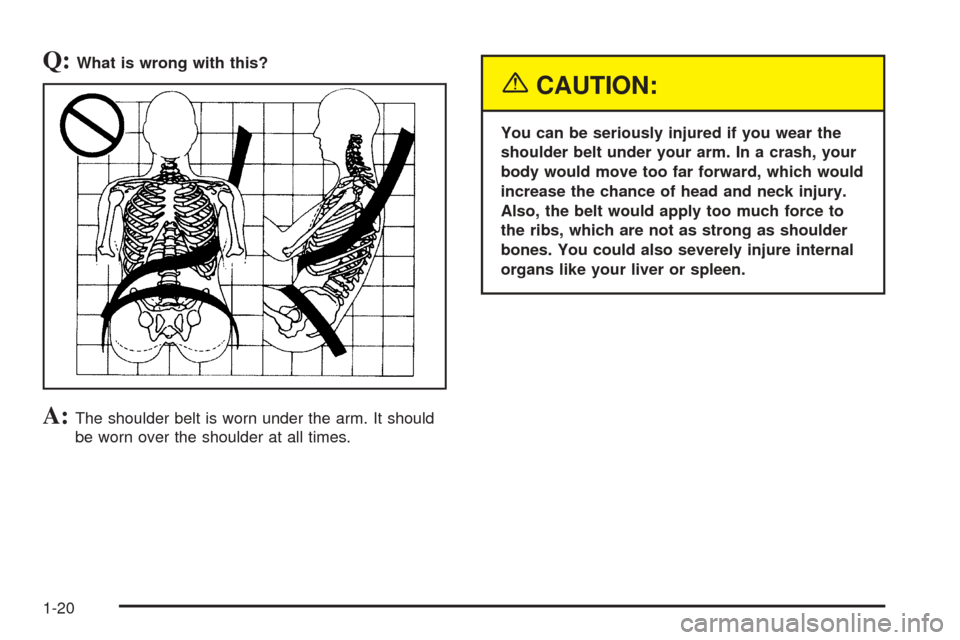 CHEVROLET AVEO 2005 1.G Owners Manual Q:What is wrong with this?
A:The shoulder belt is worn under the arm. It should
be worn over the shoulder at all times.
{CAUTION:
You can be seriously injured if you wear the
shoulder belt under your 