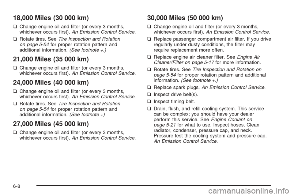 CHEVROLET AVEO 2005 1.G User Guide 18,000 Miles (30 000 km)
❑Change engine oil and ﬁlter (or every 3 months,
whichever occurs ﬁrst).An Emission Control Service.
❑Rotate tires. SeeTire Inspection and Rotation
on page 5-54for pro