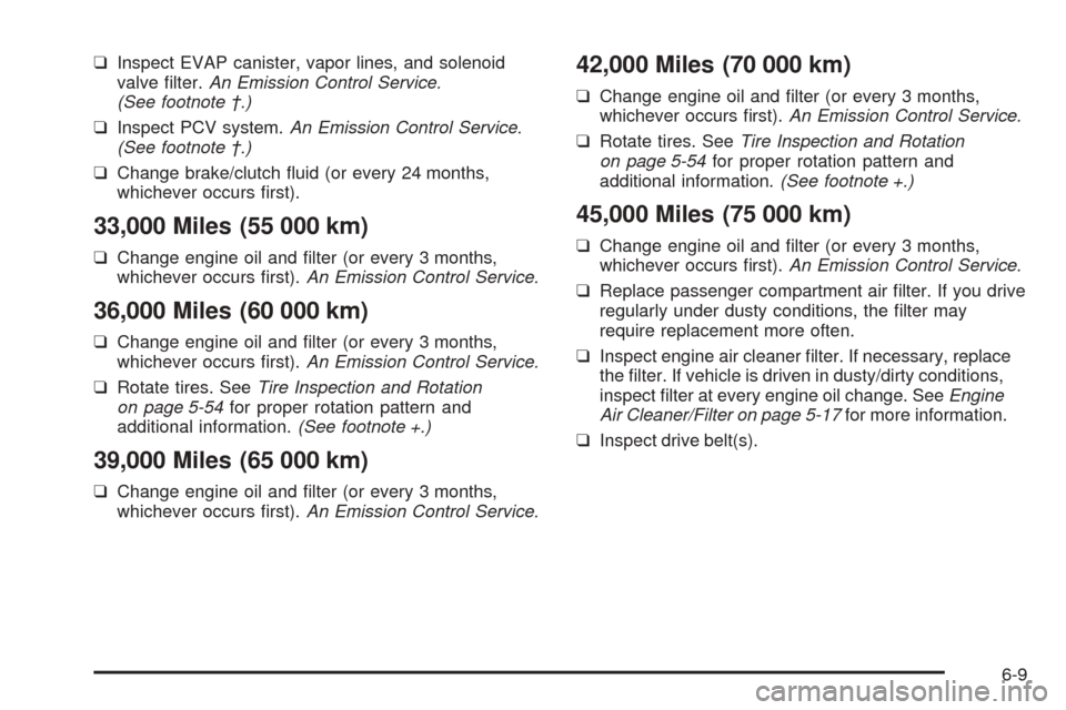 CHEVROLET AVEO 2005 1.G Manual Online ❑Inspect EVAP canister, vapor lines, and solenoid
valve ﬁlter.An Emission Control Service.
(See footnote †.)
❑Inspect PCV system.An Emission Control Service.
(See footnote †.)
❑Change brak