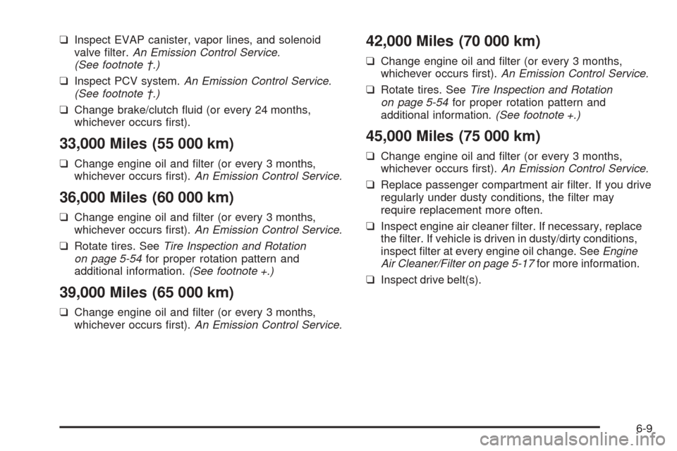 CHEVROLET AVEO 2005 1.G Owners Manual ❑Inspect EVAP canister, vapor lines, and solenoid
valve ﬁlter.An Emission Control Service.
(See footnote †.)
❑Inspect PCV system.An Emission Control Service.
(See footnote †.)
❑Change brak