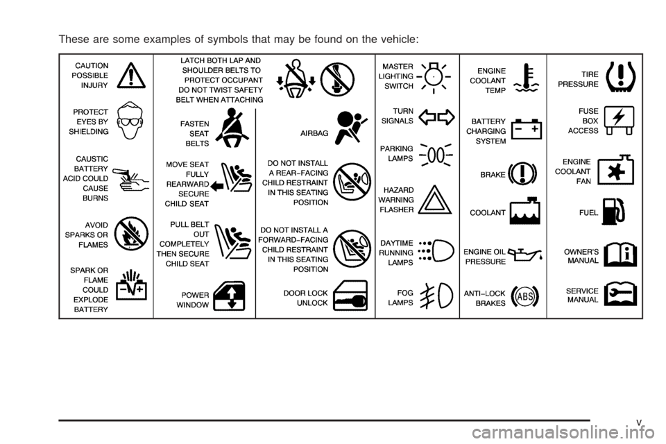 CHEVROLET AVEO 2005 1.G Owners Manual These are some examples of symbols that may be found on the vehicle:
v CHEVROLET AVEO 2005 1.G Owners Manual These are some examples of symbols that may be found on the vehicle:
v