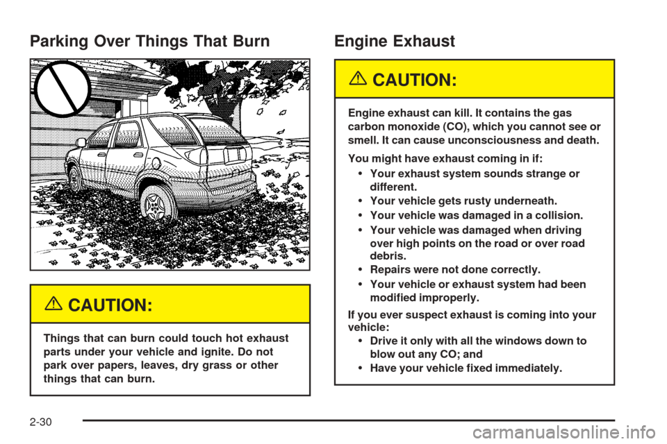 CHEVROLET AVEO 2005 1.G Manual Online Parking Over Things That Burn
{CAUTION:
Things that can burn could touch hot exhaust
parts under your vehicle and ignite. Do not
park over papers, leaves, dry grass or other
things that can burn.
Engi