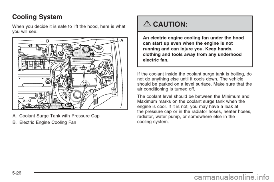 CHEVROLET AVEO 2006 1.G User Guide Cooling System
When you decide it is safe to lift the hood, here is what
you will see:
A. Coolant Surge Tank with Pressure Cap
B. Electric Engine Cooling Fan{CAUTION:
An electric engine cooling fan un