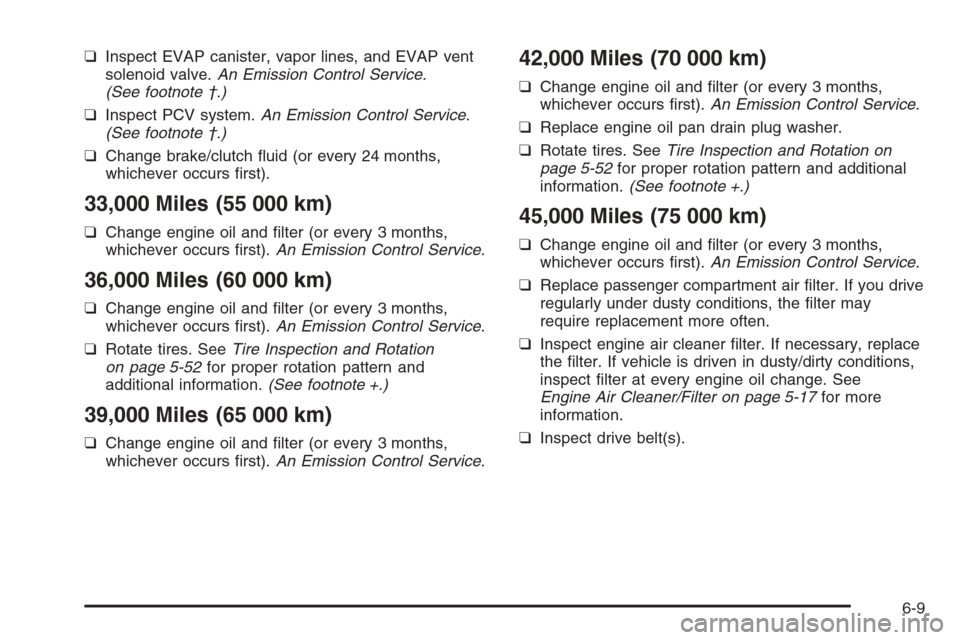 CHEVROLET AVEO 2006 1.G Owners Manual ❑Inspect EVAP canister, vapor lines, and EVAP vent
solenoid valve.An Emission Control Service.
(See footnote †.)
❑Inspect PCV system.An Emission Control Service.
(See footnote †.)
❑Change br CHEVROLET AVEO 2006 1.G Owners Manual ❑Inspect EVAP canister, vapor lines, and EVAP vent
solenoid valve.An Emission Control Service.
(See footnote †.)
❑Inspect PCV system.An Emission Control Service.
(See footnote †.)
❑Change br