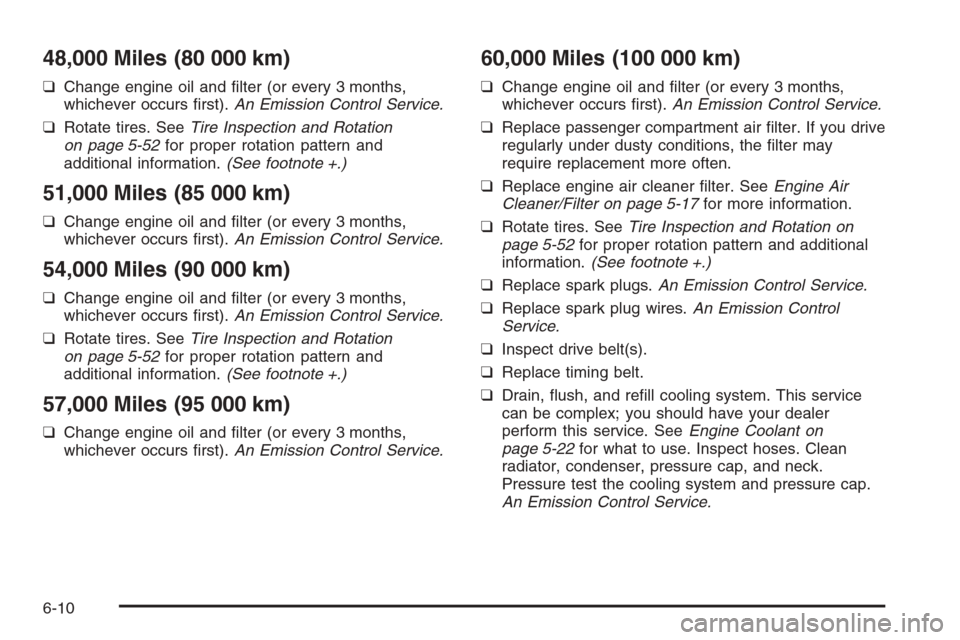 CHEVROLET AVEO 2006 1.G Owners Manual 48,000 Miles (80 000 km)
❑Change engine oil and ﬁlter (or every 3 months,
whichever occurs ﬁrst).An Emission Control Service.
❑Rotate tires. SeeTire Inspection and Rotation
on page 5-52for pro