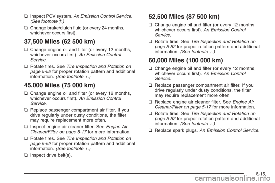 CHEVROLET AVEO 2006 1.G Owners Manual ❑Inspect PCV system.An Emission Control Service.
(See footnote †.)
❑Change brake/clutch ﬂuid (or every 24 months,
whichever occurs ﬁrst).
37,500 Miles (62 500 km)
❑Change engine oil and 