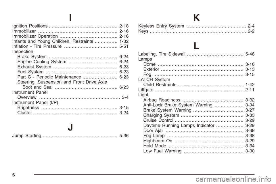 CHEVROLET AVEO 2006 1.G Owners Guide I
Ignition Positions.............................................2-18
Immobilizer....................................................2-16
Immobilizer Operation......................................2-1