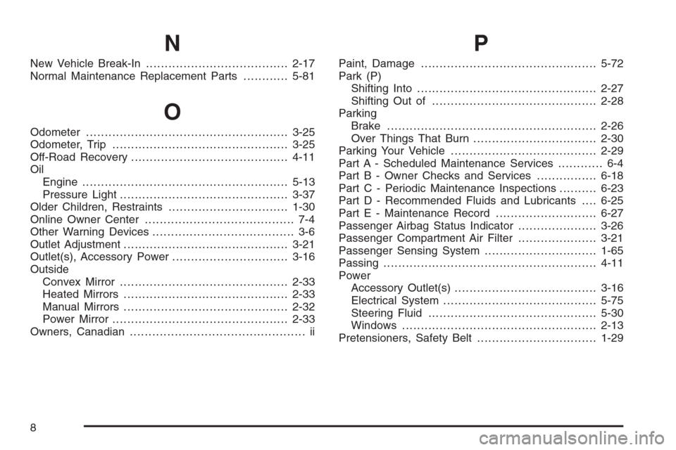 CHEVROLET AVEO 2006 1.G Manual Online N
New Vehicle Break-In......................................2-17
Normal Maintenance Replacement Parts............5-81
O
Odometer......................................................3-25
Odometer, Tri