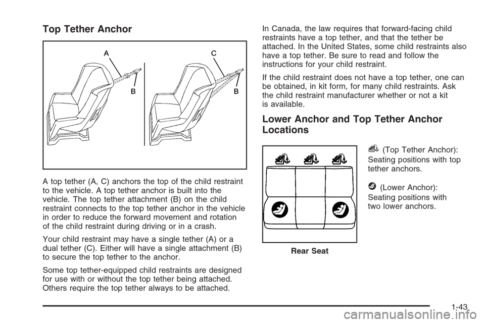 CHEVROLET AVEO 2006 1.G Service Manual Top Tether Anchor
A top tether (A, C) anchors the top of the child restraint
to the vehicle. A top tether anchor is built into the
vehicle. The top tether attachment (B) on the child
restraint connect
