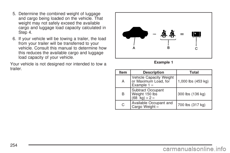 CHEVROLET AVEO 2007 1.G Owners Manual 5. Determine the combined weight of luggage
and cargo being loaded on the vehicle. That
weight may not safely exceed the available
cargo and luggage load capacity calculated in
Step 4.
6. If your vehi CHEVROLET AVEO 2007 1.G Owners Manual 5. Determine the combined weight of luggage
and cargo being loaded on the vehicle. That
weight may not safely exceed the available
cargo and luggage load capacity calculated in
Step 4.
6. If your vehi