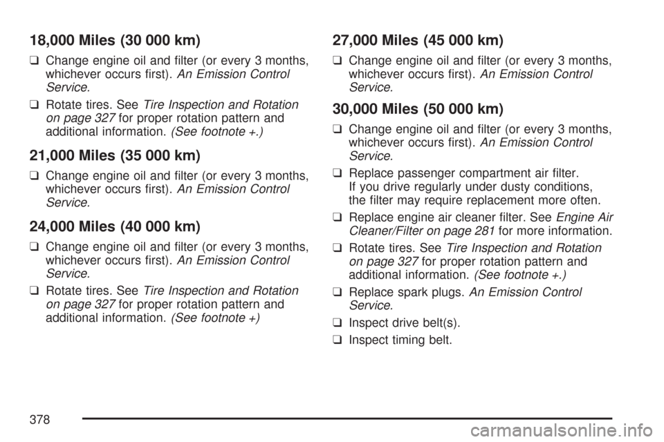 CHEVROLET AVEO 2007 1.G Owners Manual 18,000 Miles (30 000 km)
❑Change engine oil and ﬁlter (or every 3 months,
whichever occurs ﬁrst).An Emission Control
Service.
❑Rotate tires. SeeTire Inspection and Rotation
on page 327for prop