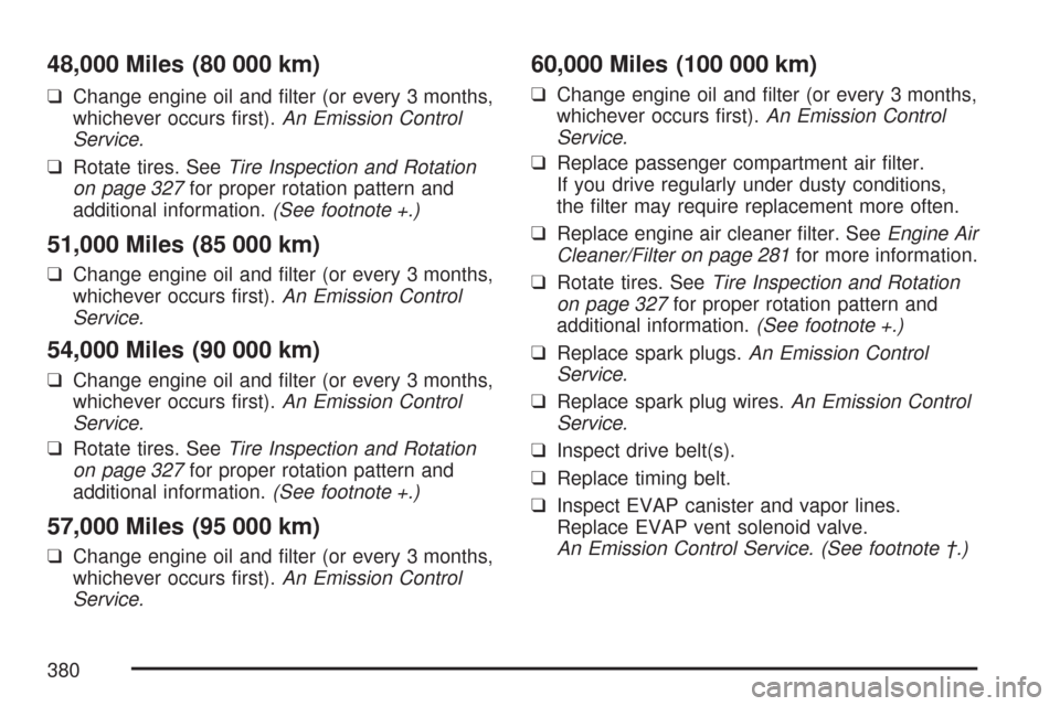 CHEVROLET AVEO 2007 1.G User Guide 48,000 Miles (80 000 km)
❑Change engine oil and ﬁlter (or every 3 months,
whichever occurs ﬁrst).An Emission Control
Service.
❑Rotate tires. SeeTire Inspection and Rotation
on page 327for prop