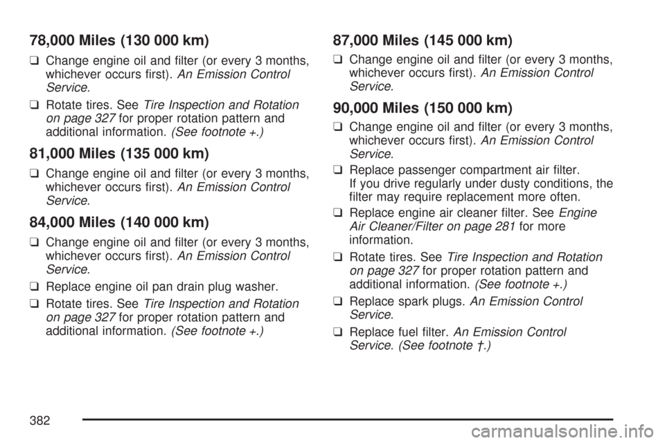 CHEVROLET AVEO 2007 1.G Owners Manual 78,000 Miles (130 000 km)
❑Change engine oil and filter (or every 3 months,
whichever occurs first).An Emission Control
Service.
❑Rotate tires. SeeTire Inspection and Rotation
on page 327for pro CHEVROLET AVEO 2007 1.G Owners Manual 78,000 Miles (130 000 km)
❑Change engine oil and filter (or every 3 months,
whichever occurs first).An Emission Control
Service.
❑Rotate tires. SeeTire Inspection and Rotation
on page 327for pro