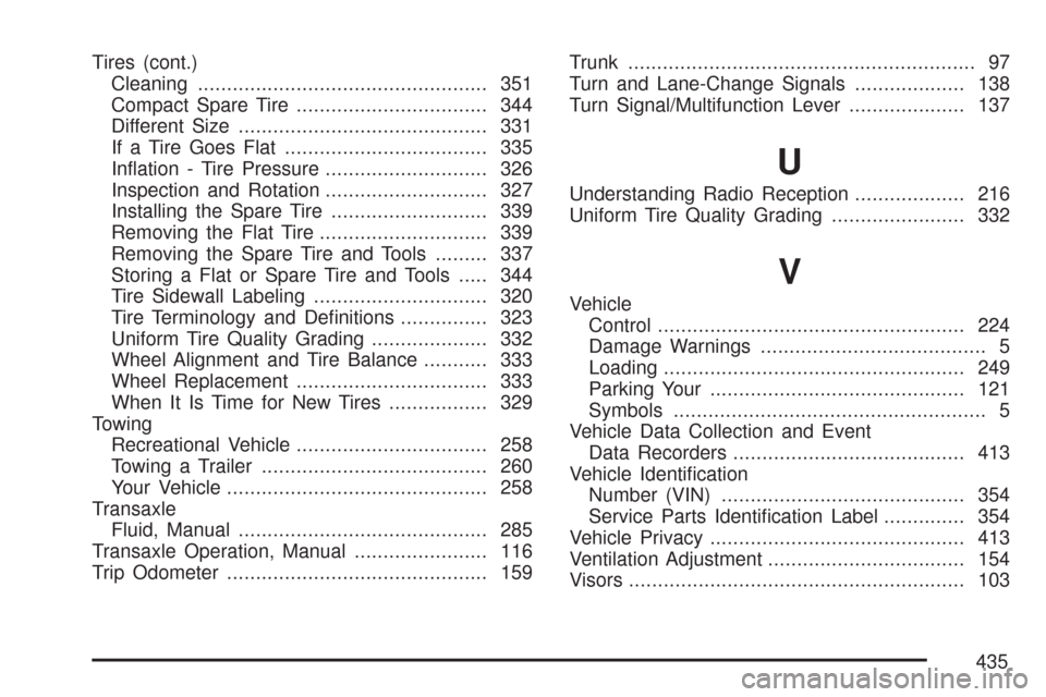 CHEVROLET AVEO 2007 1.G User Guide Tires (cont.)
Cleaning.................................................. 351
Compact Spare Tire................................. 344
Different Size........................................... 331
If a 