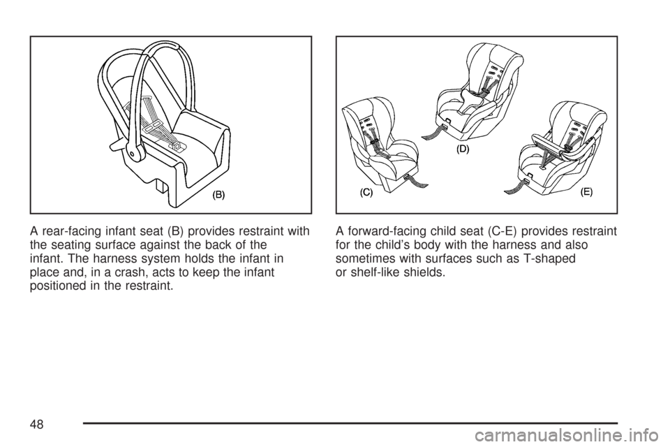 CHEVROLET AVEO 2007 1.G Service Manual A rear-facing infant seat (B) provides restraint with
the seating surface against the back of the
infant. The harness system holds the infant in
place and, in a crash, acts to keep the infant
position