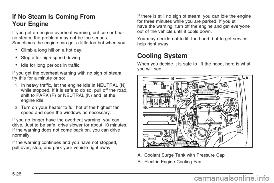 CHEVROLET AVEO 2008 1.G Owners Guide If No Steam Is Coming From
Your Engine
If you get an engine overheat warning, but see or hear
no steam, the problem may not be too serious.
Sometimes the engine can get a little too hot when you:
•C