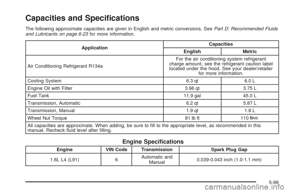CHEVROLET AVEO 2008 1.G Owners Manual Capacities and Speci�cations
The following approximate capacities are given in English and metric conversions. SeePart D: Recommended Fluids
and Lubricants on page 6-23for more information.
Applicatio