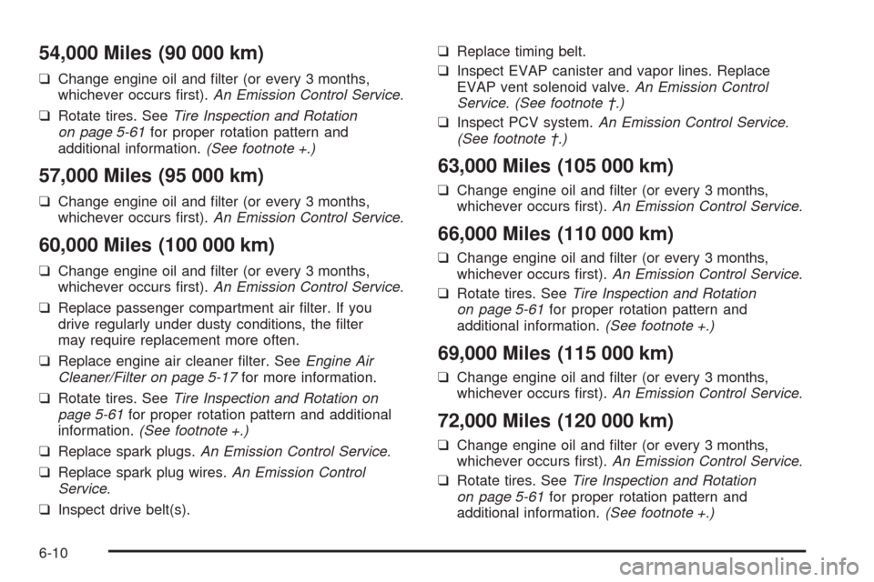 CHEVROLET AVEO 2008 1.G Owners Manual 54,000 Miles (90 000 km)
❑Change engine oil and filter (or every 3 months,
whichever occurs first).An Emission Control Service.
❑Rotate tires. SeeTire Inspection and Rotation
on page 5-61for pro CHEVROLET AVEO 2008 1.G Owners Manual 54,000 Miles (90 000 km)
❑Change engine oil and filter (or every 3 months,
whichever occurs first).An Emission Control Service.
❑Rotate tires. SeeTire Inspection and Rotation
on page 5-61for pro