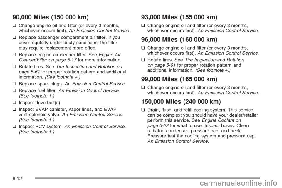CHEVROLET AVEO 2008 1.G Owners Manual 90,000 Miles (150 000 km)
❑Change engine oil and filter (or every 3 months,
whichever occurs first).An Emission Control Service.
❑Replace passenger compartment air filter. If you
drive regularl CHEVROLET AVEO 2008 1.G Owners Manual 90,000 Miles (150 000 km)
❑Change engine oil and filter (or every 3 months,
whichever occurs first).An Emission Control Service.
❑Replace passenger compartment air filter. If you
drive regularl