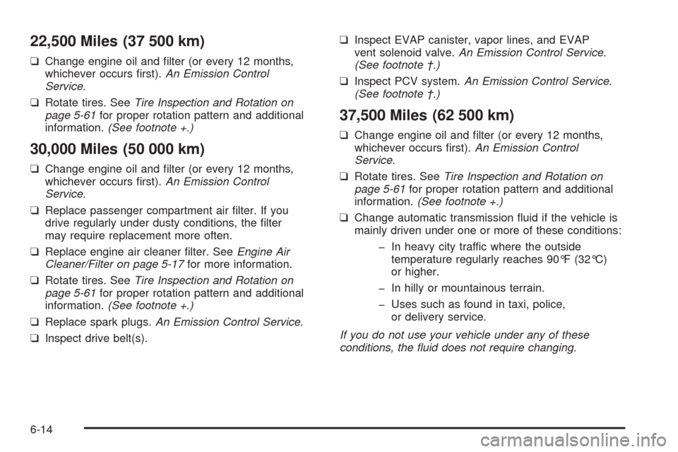 CHEVROLET AVEO 2008 1.G Owners Manual 22,500 Miles (37 500 km)
❑Change engine oil and filter (or every 12 months,
whichever occurs first).An Emission Control
Service.
❑Rotate tires. SeeTire Inspection and Rotation on
page 5-61for pr CHEVROLET AVEO 2008 1.G Owners Manual 22,500 Miles (37 500 km)
❑Change engine oil and filter (or every 12 months,
whichever occurs first).An Emission Control
Service.
❑Rotate tires. SeeTire Inspection and Rotation on
page 5-61for pr