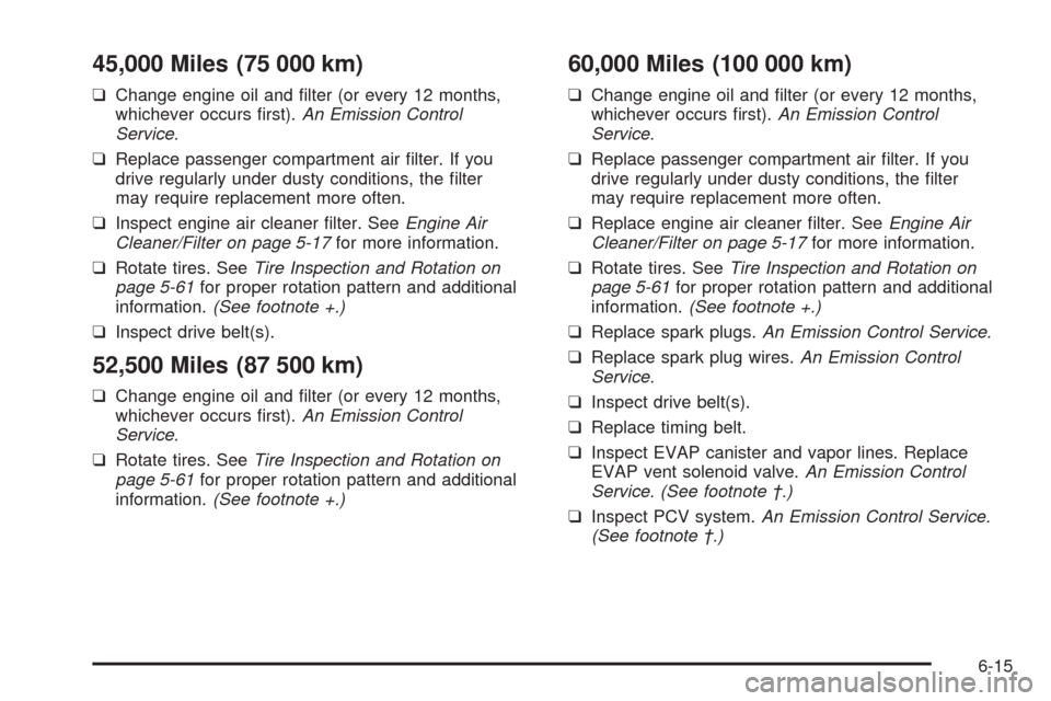 CHEVROLET AVEO 2008 1.G Owners Manual 45,000 Miles (75 000 km)
❑Change engine oil and ﬁlter (or every 12 months,
whichever occurs ﬁrst).An Emission Control
Service.
❑Replace passenger compartment air ﬁlter. If you
drive regularl