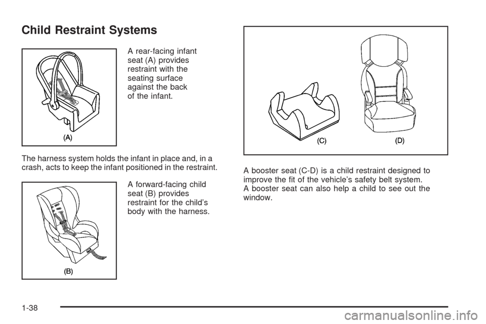 CHEVROLET AVEO 2008 1.G Service Manual Child Restraint Systems
A rear-facing infant
seat (A) provides
restraint with the
seating surface
against the back
of the infant.
The harness system holds the infant in place and, in a
crash, acts to 