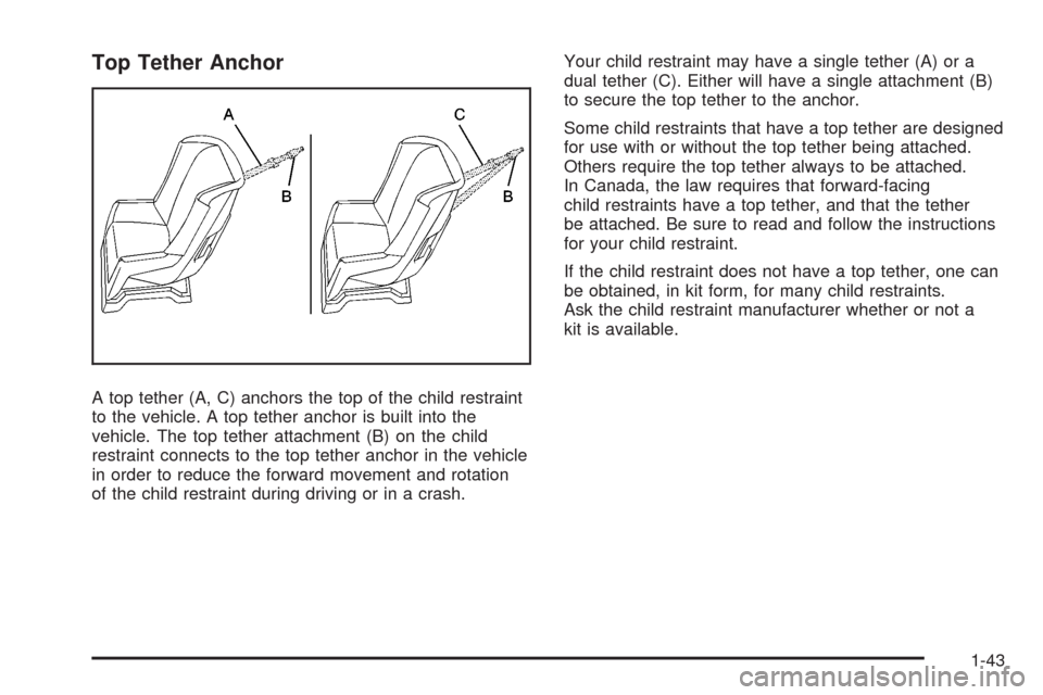CHEVROLET AVEO 2008 1.G User Guide Top Tether Anchor
A top tether (A, C) anchors the top of the child restraint
to the vehicle. A top tether anchor is built into the
vehicle. The top tether attachment (B) on the child
restraint connect