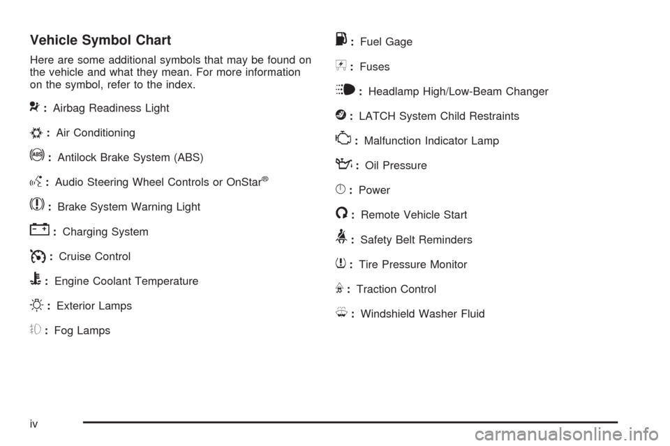 CHEVROLET AVEO 2009 1.G Owners Manual Vehicle Symbol Chart
Here are some additional symbols that may be found on
the vehicle and what they mean. For more information
on the symbol, refer to the index.
9:Airbag Readiness Light
#:Air Condit