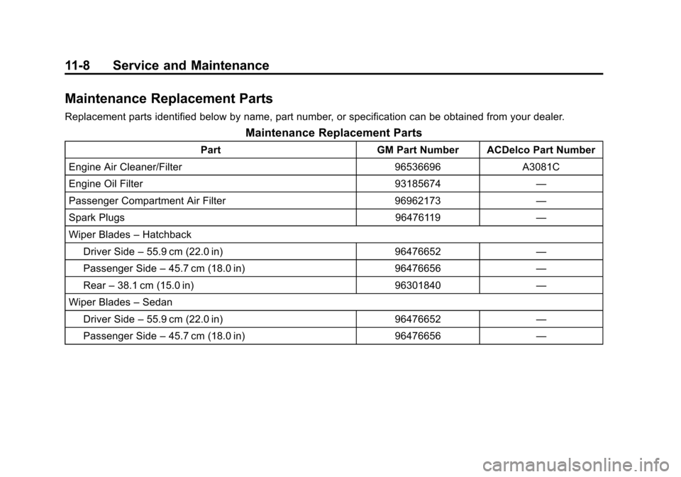 CHEVROLET AVEO 2011 1.G Owners Manual Black plate (8,1)Chevrolet Aveo Owner Manual - 2011
11-8 Service and Maintenance
Maintenance Replacement Parts
Replacement parts identified below by name, part number, or specification can be obtained CHEVROLET AVEO 2011 1.G Owners Manual Black plate (8,1)Chevrolet Aveo Owner Manual - 2011
11-8 Service and Maintenance
Maintenance Replacement Parts
Replacement parts identified below by name, part number, or specification can be obtained