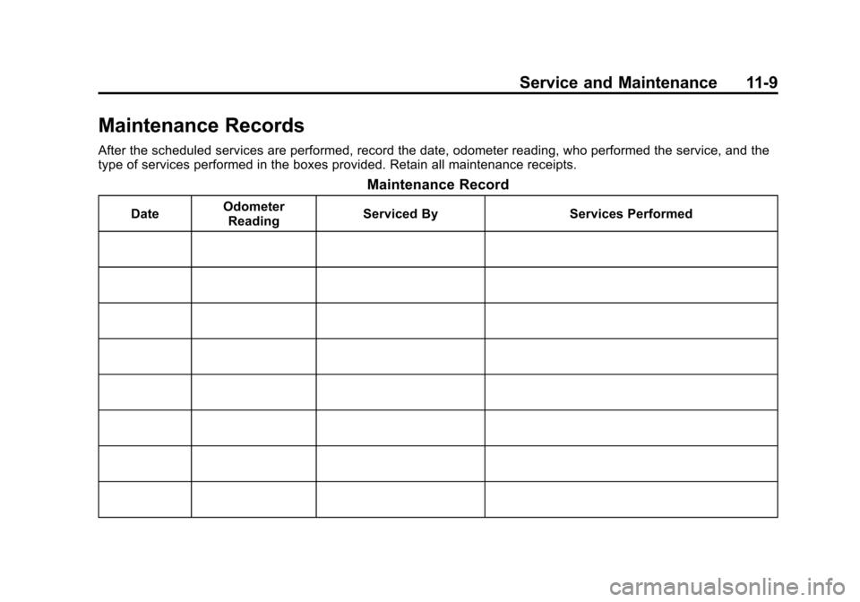 CHEVROLET AVEO 2011 1.G Owners Manual Black plate (9,1)Chevrolet Aveo Owner Manual - 2011
Service and Maintenance 11-9
Maintenance Records
After the scheduled services are performed, record the date, odometer reading, who performed the se