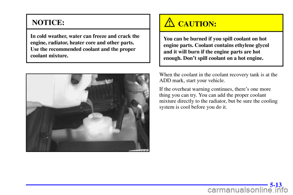 CHEVROLET BLAZER 2002 2.G Owners Manual 5-13
NOTICE:
In cold weather, water can freeze and crack the
engine, radiator, heater core and other parts. 
Use the recommended coolant and the proper
coolant mixture.
CAUTION:
You can be burned if y