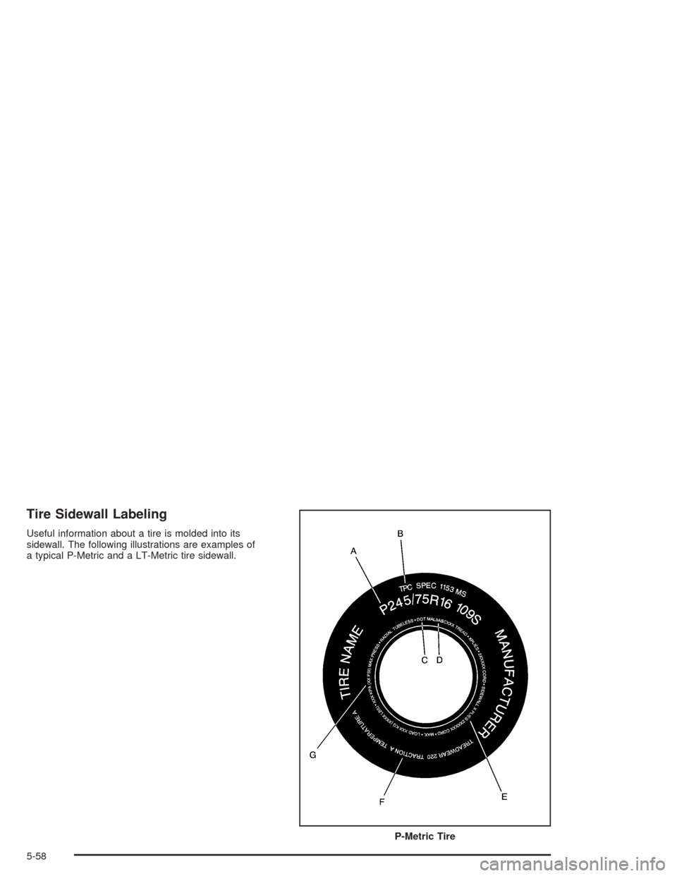 CHEVROLET BLAZER 2004 2.G Owners Manual Tire Sidewall Labeling
Useful information about a tire is molded into its
sidewall. The following illustrations are examples of
a typical P-Metric and a LT-Metric tire sidewall.
P-Metric Tire
5-58 