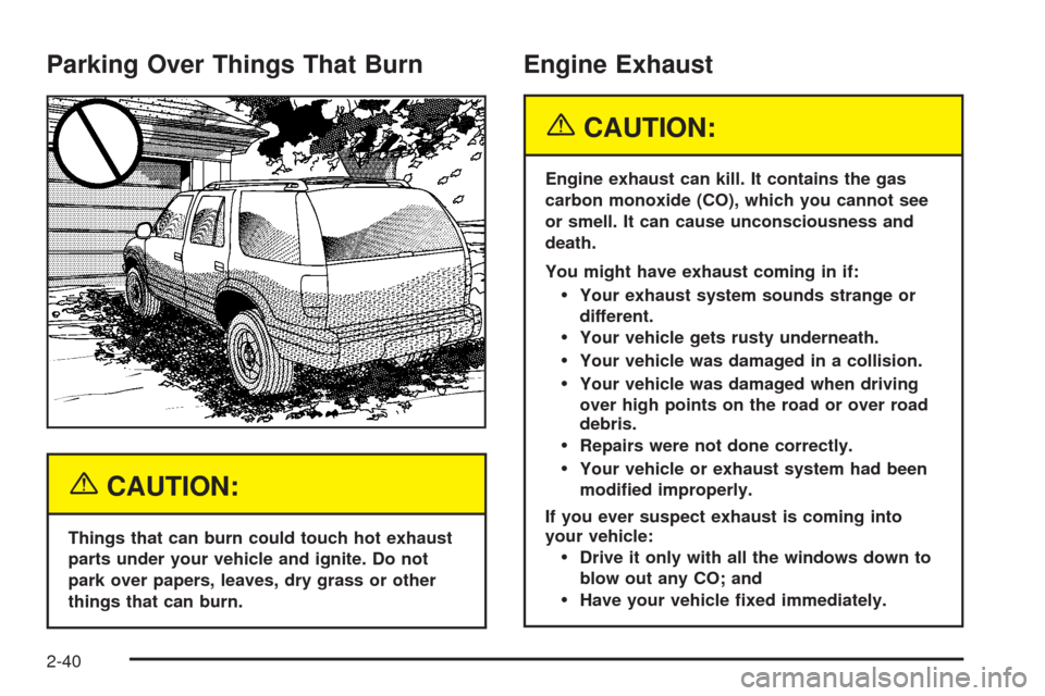 CHEVROLET BLAZER 2005 2.G Owners Manual Parking Over Things That Burn
{CAUTION:
Things that can burn could touch hot exhaust
parts under your vehicle and ignite. Do not
park over papers, leaves, dry grass or other
things that can burn.
Engi
