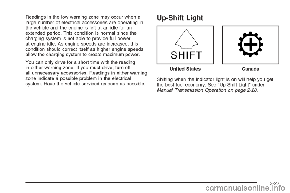 CHEVROLET BLAZER 2005 2.G Owners Manual Readings in the low warning zone may occur when a
large number of electrical accessories are operating in
the vehicle and the engine is left at an idle for an
extended period. This condition is normal