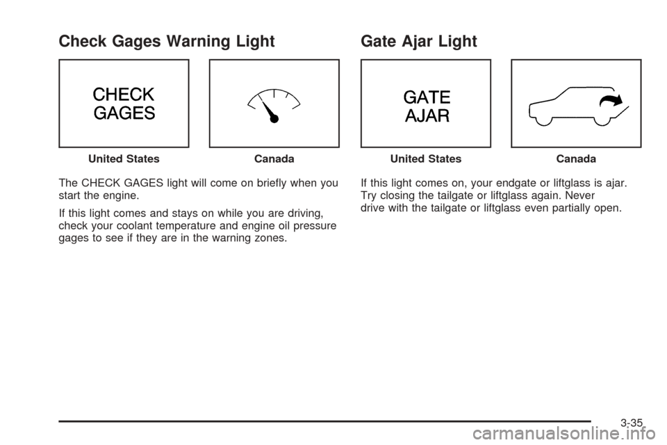 CHEVROLET BLAZER 2005 2.G Owners Manual Check Gages Warning Light
The CHECK GAGES light will come on brie�y when you
start the engine.
If this light comes and stays on while you are driving,
check your coolant temperature and engine oil pre