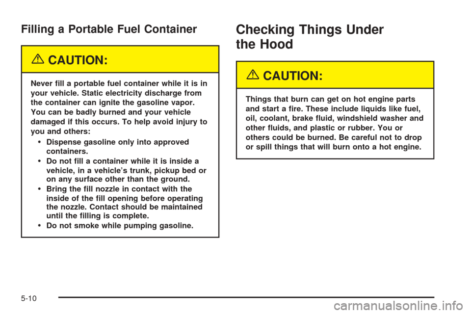 CHEVROLET BLAZER 2005 2.G Owners Manual Filling a Portable Fuel Container
{CAUTION:
Never �ll a portable fuel container while it is in
your vehicle. Static electricity discharge from
the container can ignite the gasoline vapor.
You can be b