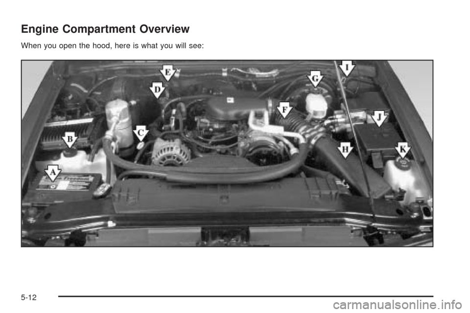 CHEVROLET BLAZER 2005 2.G Owners Manual Engine Compartment Overview
When you open the hood, here is what you will see:
5-12 