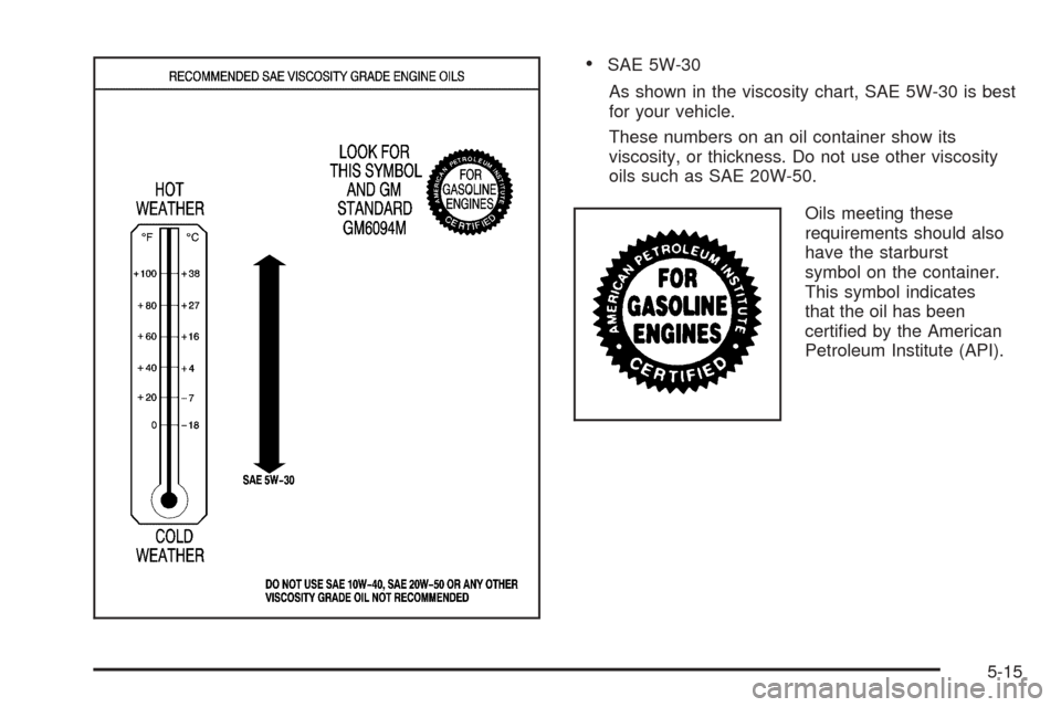 CHEVROLET BLAZER 2005 2.G Owners Manual SAE 5W-30
As shown in the viscosity chart, SAE 5W-30 is best
for your vehicle.
These numbers on an oil container show its
viscosity, or thickness. Do not use other viscosity
oils such as SAE 20W-50.
