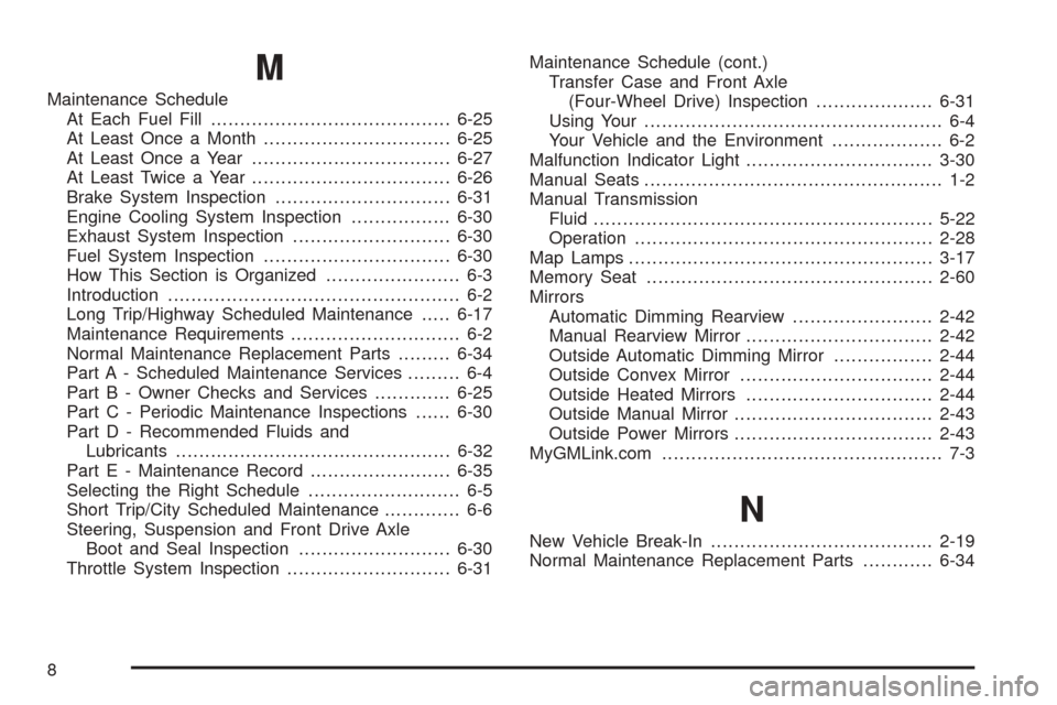 CHEVROLET BLAZER 2005 2.G Owners Manual M
Maintenance Schedule
At Each Fuel Fill.........................................6-25
At Least Once a Month................................6-25
At Least Once a Year..................................6-