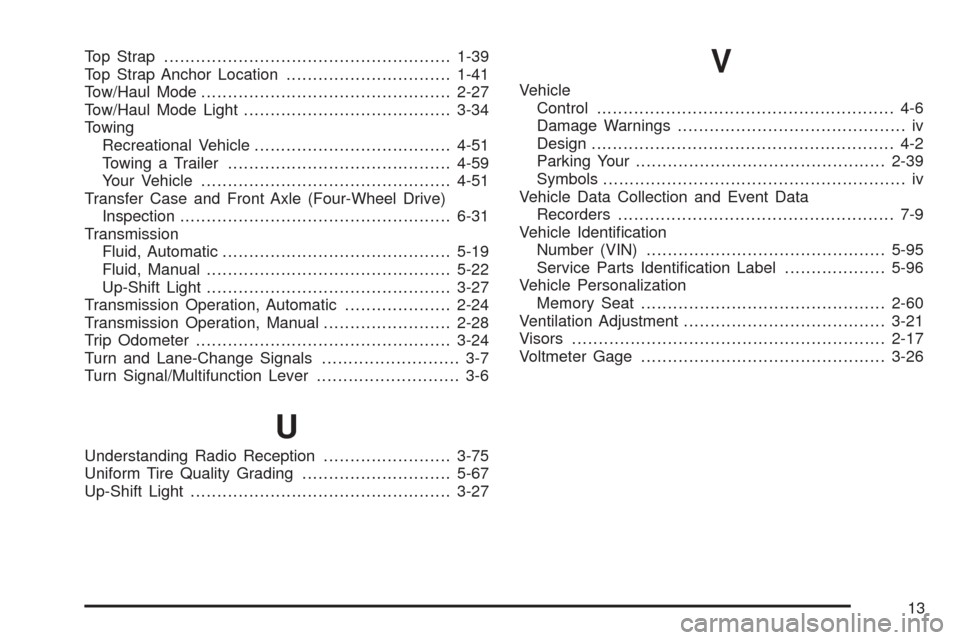 CHEVROLET BLAZER 2005 2.G Owners Manual Top Strap......................................................1-39
Top Strap Anchor Location...............................1-41
Tow/Haul Mode...............................................2-27
Tow/Ha