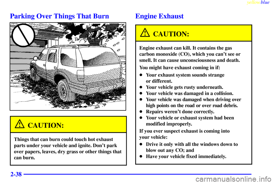 CHEVROLET BLAZER 1999 2.G Owners Manual yellowblue     
2-38
Parking Over Things That Burn
CAUTION:
Things that can burn could touch hot exhaust
parts under your vehicle and ignite. Dont park
over papers, leaves, dry grass or other things 